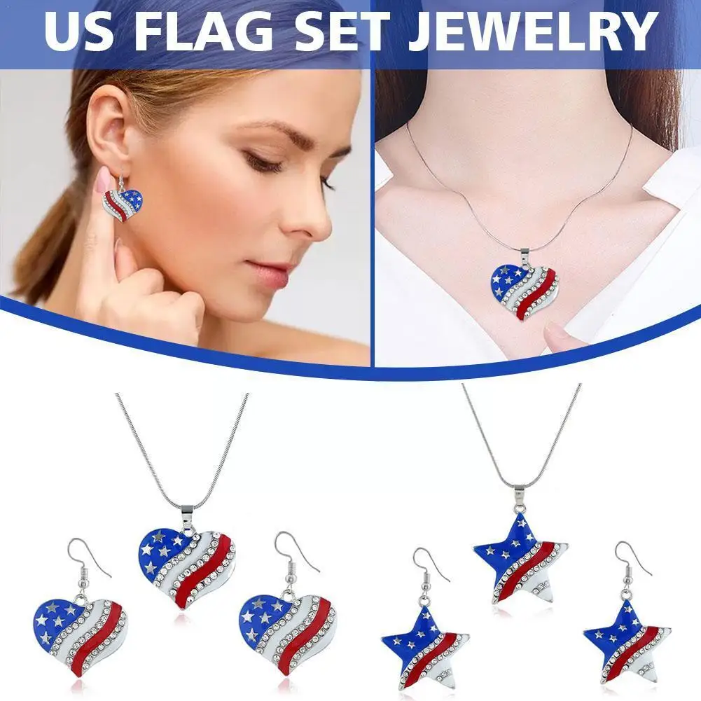 

USA Labor Day American Flag Enamel Blue & Red Crystal Patriotic 4th Heart Day July Necklaces Rhinestone Of Independence Pen Q7P5