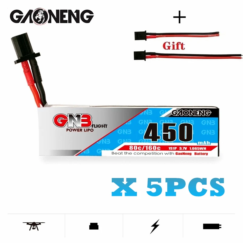 

5pcs MAX 80C/160C GNB 1S 3.7V 450MAH HV Lipo Battery GNB27 Plug For RC Helicopter Quadcopter FPV Racing Drone Parts