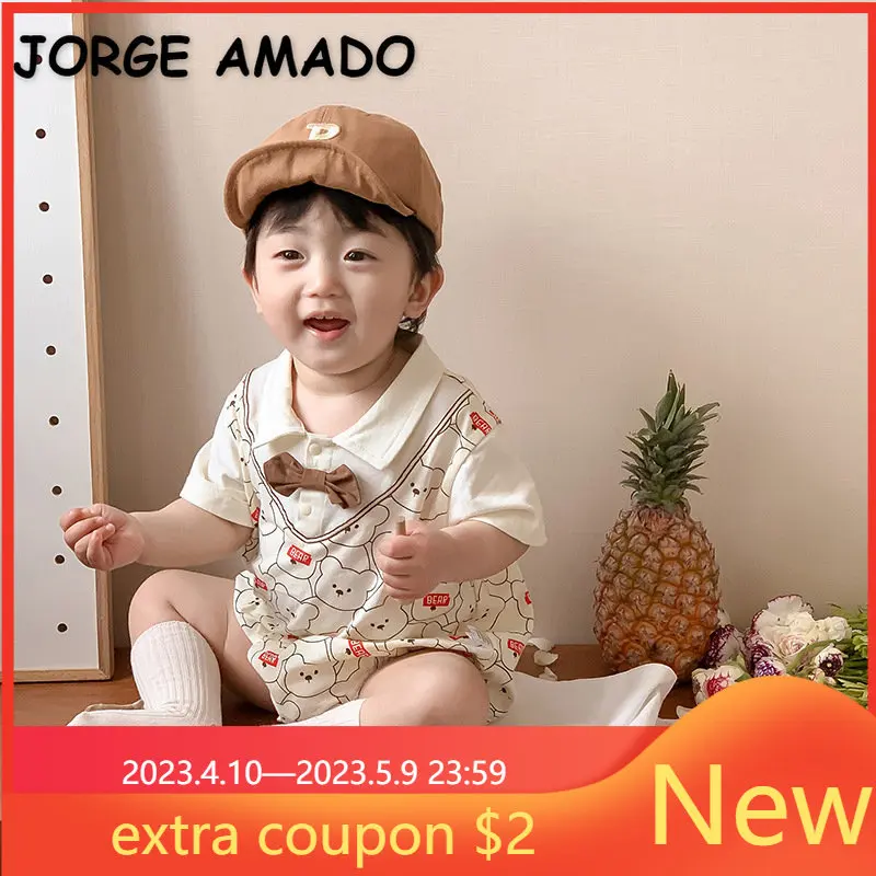 

Новый летний Боди для маленьких мальчиков, женский комбинезон с отложным воротником и коротким рукавом, комплект из двух предметов с имитацией одежды для новорожденных EH918