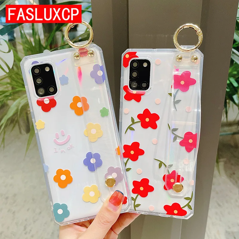 

Transparent Wrist Strap Stand Holder Case Cover for iPhone 13 Pro 12 11 SE 3 2 X XR XS 7 8 Plus Soft Silicone Flower Phone Shell