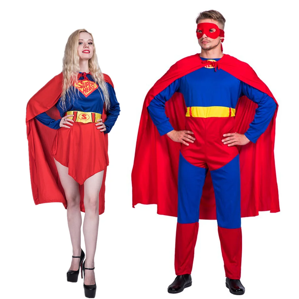 

Adult Superhero Cosplay Costume with Cloak Men Women Halloween Couple Outfits Carnival Easter Purim Fancy Dress