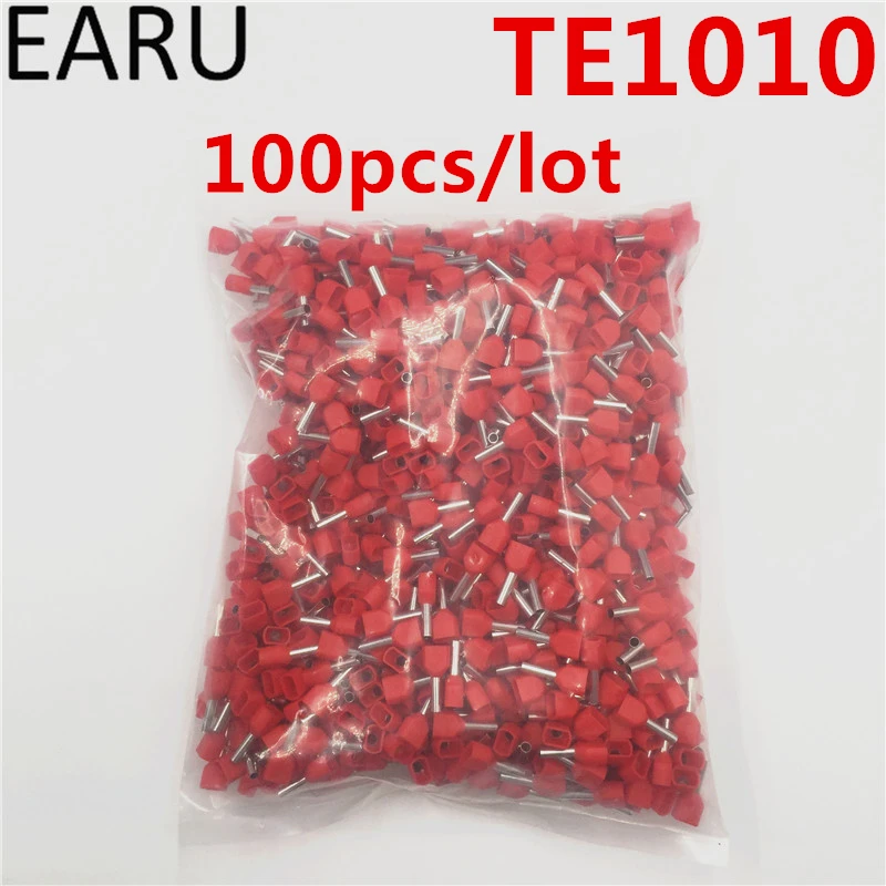 100PCS E Tube TE1010 Type Double Pipe Insulated Twin Cord Cold-press Terminal Block Connector Needle End Multicolor 2X1.0 mm2