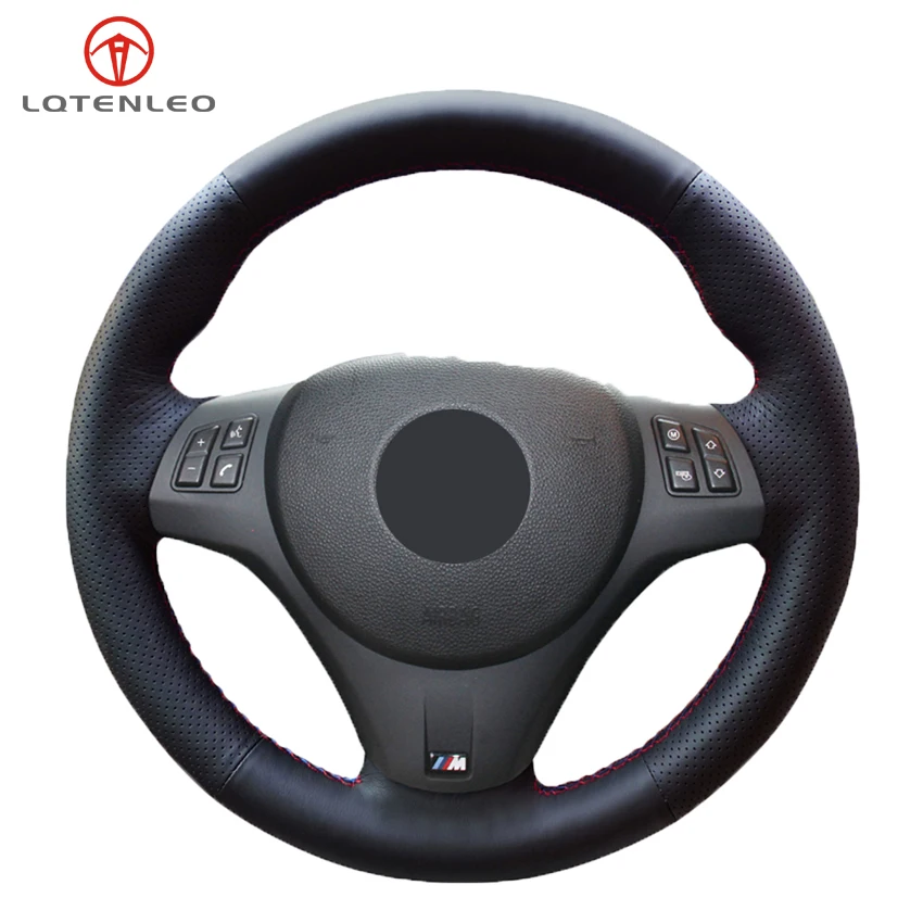 LQTENLEO Black Genuine Leather Car Steering Wheel Cover for BMW M Sport 3 Series E91 320i 325i 330i 335i M3 E90 E92 E93