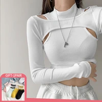 y2k fashion women sexy hollow knit top spring autumn long sleeve vintage fake two piece t shirt casual o neck pullover tops