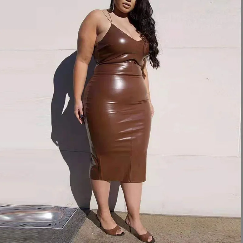 

Large Size Women's Spring and Summer Fashion Add Fat Increase Temperament Commuting Leather Strap Dress Women