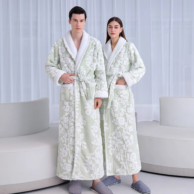 Lovers Robes Sleepwear Winter Men Women Green Flannel Jacquard Bathrobe Kimono Warm Coral Fleece Long Bath Robe