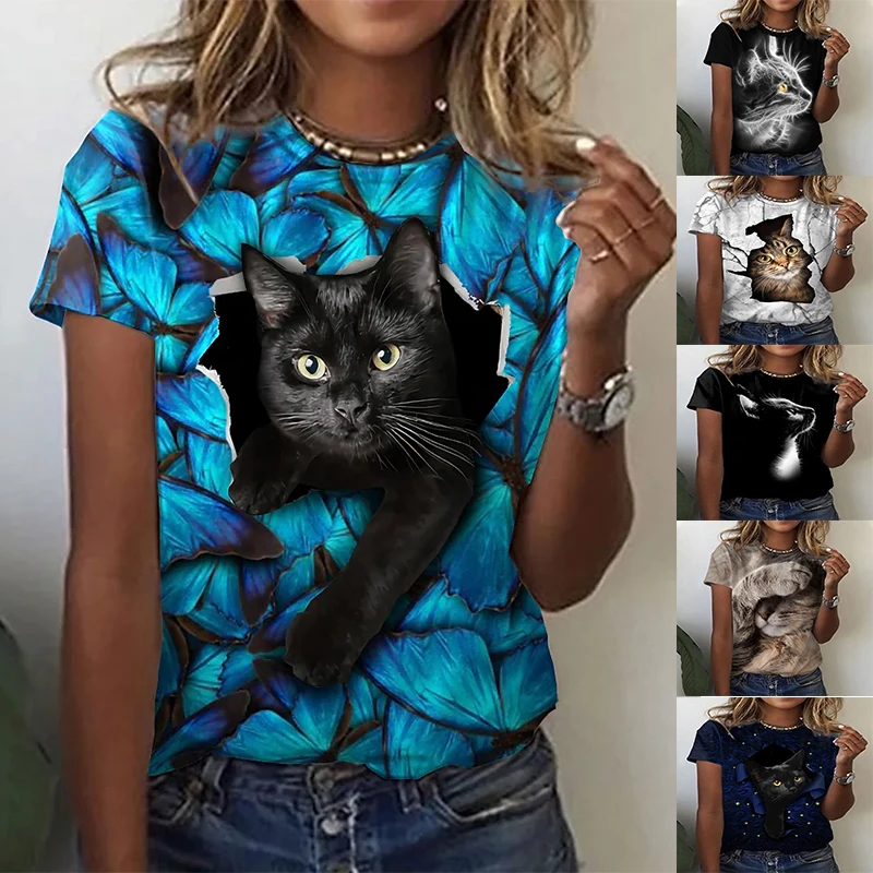 

2022 Summer Women's 3D Cat Painting T Shirt Cat 3D Print Round Neck Basic Tops Loosen Shirt Fational Printed Female Pullover New