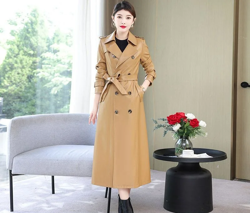 

2023 Leather coat,Leather Coat Women's Sheepskin Jacket Spring Autumn High-end Temperament Medium Long Leather Windbreaker Jaqu