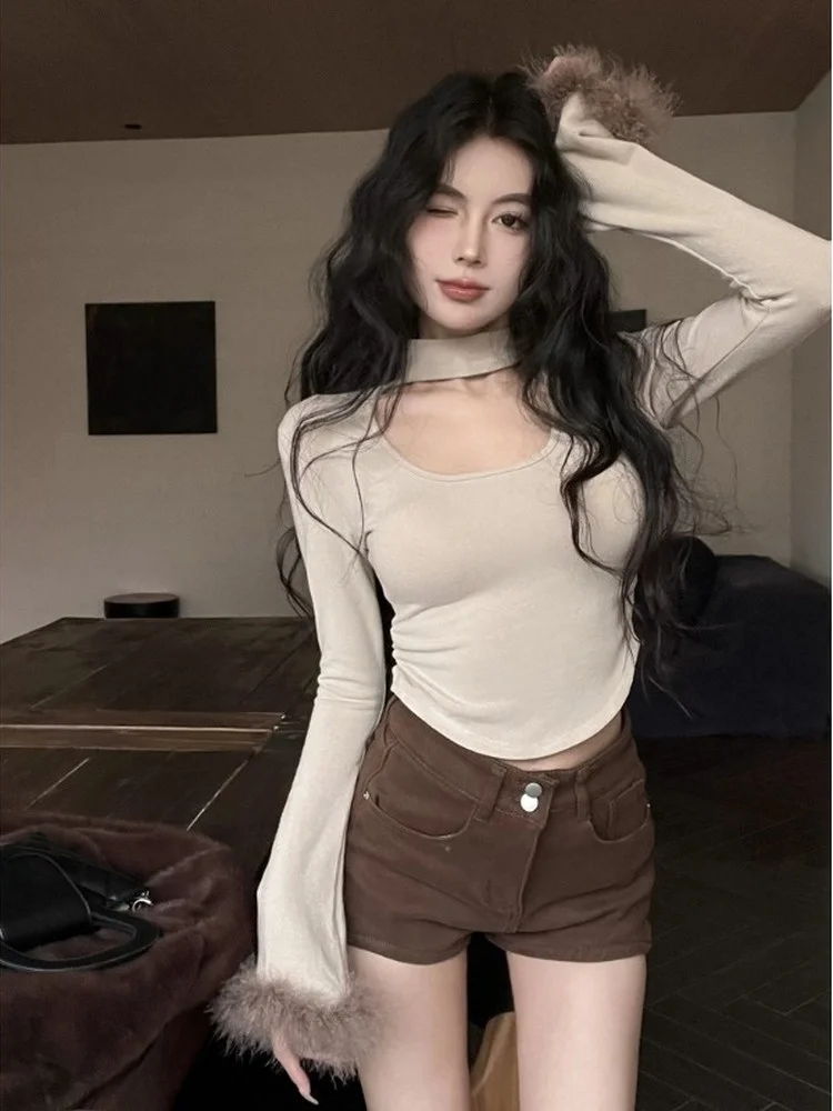 Pure Desire Сексуальный меховой топ с U-образным воротником Gyaru женская осенняя