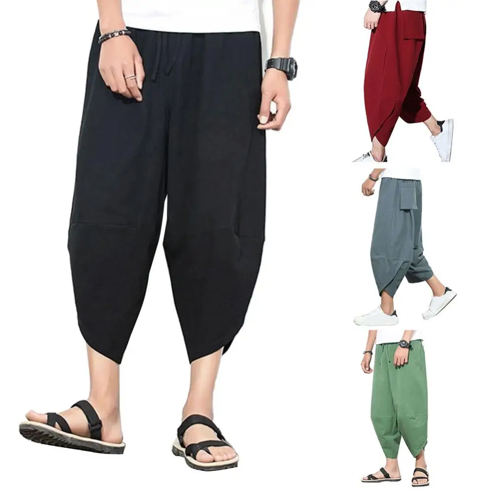 

Штаны мужские, бриджи, мужские однотонные брюки-Капри с завязками, брюки большого размера в стиле самурая, мужская одежда 2021