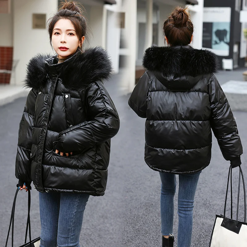 2022 New Winter Glossy Jacket Women Parka Fashion Loose Coat Hooded Parkas Slim With Fur Collar Warm Snow Wear Padded Clothes