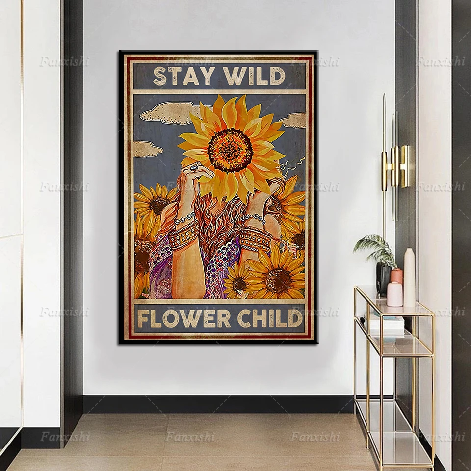 Детский постер с надписью Stay Wild Flower Peace Love And Rock N Roll All Sign Подсолнух на холсте
