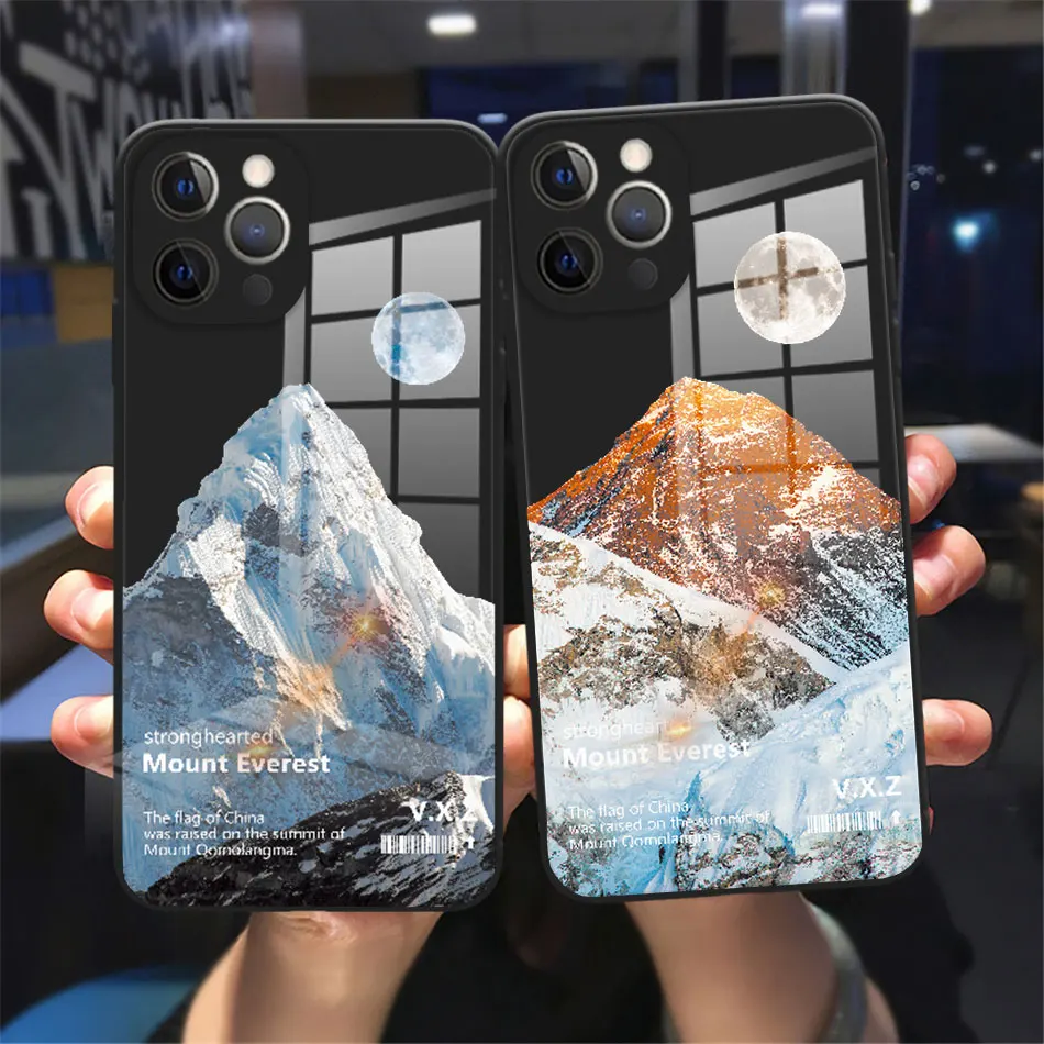

Snow Mount Everest Mountain Peak Phone Case For iPhone 11 12 13 14 ProMax 13Mini Cute Candy color Tempered Glass reflective case