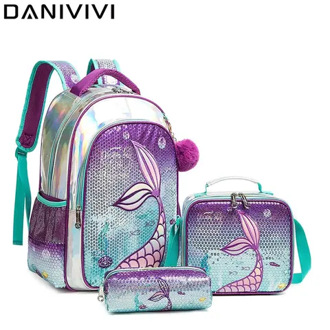 Школьные сумки для девочек, детский рюкзак с блестками Русалочки 16 дюймов, с ланч-боксом, чехол для карандашей и учебников, ранцы