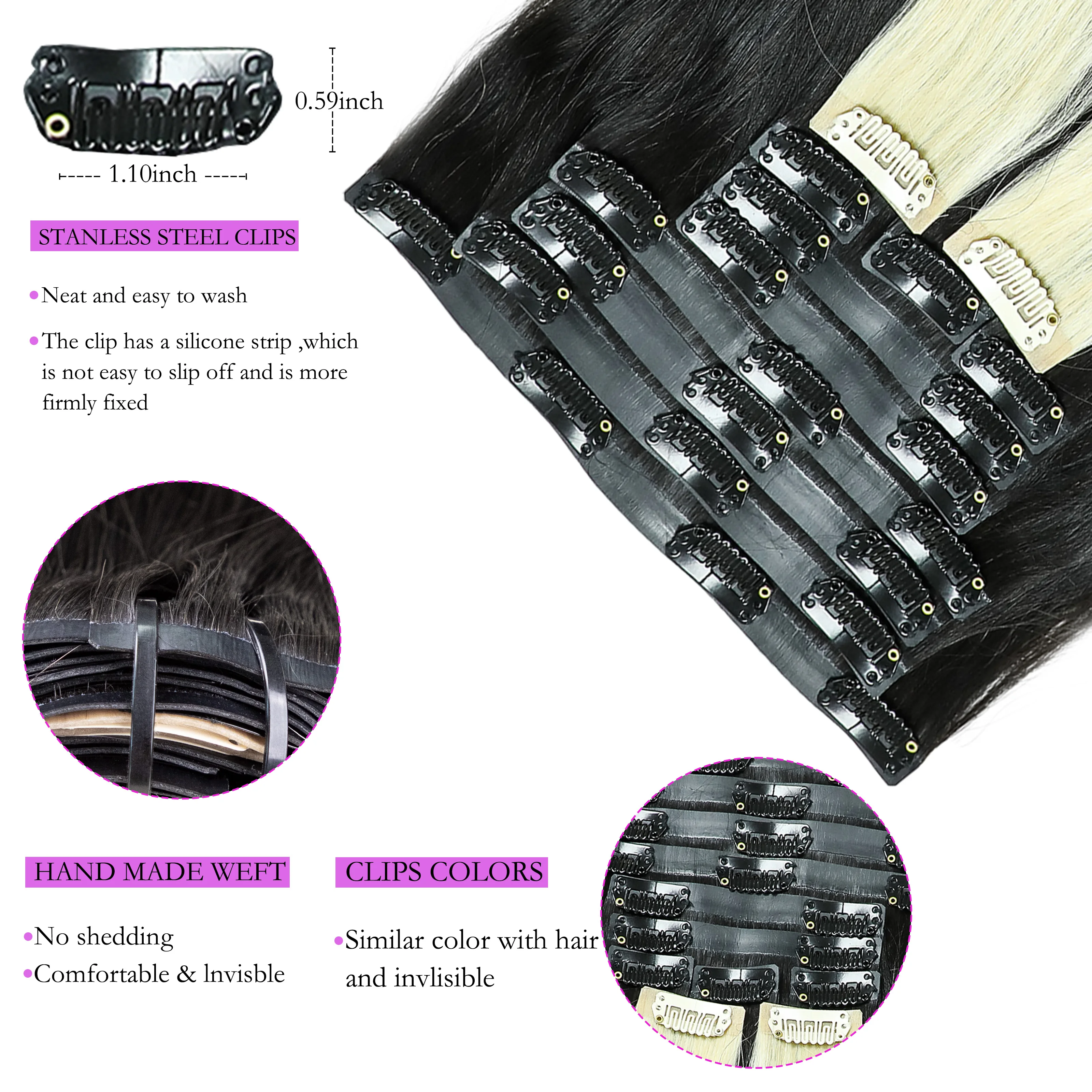 Прямые заколки из 100% наращивания человеческих волос 16 &quot-24&quot 9 шт. Натуральные