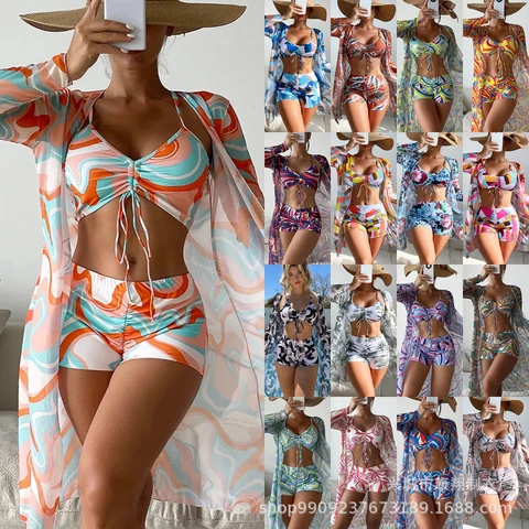 New Sexy Bikini Women's Swimsuit 3 Piece Set Bikini Set Hanging Pleats Cover Brazilian Swimsuit Women's Beachwear 2023
