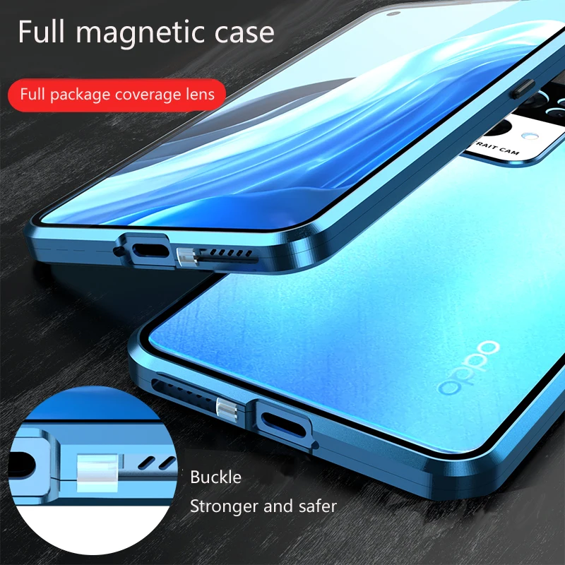 

Magnetic Metal Frame Front + Back Glass Snap Buckle Case For OPPO Reno 8 Pro 8T 7 Pro 6 Pro 5G Full Camera Lens Protection Cover