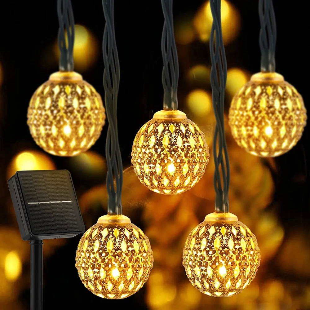 Solar Moroccan Ball String Lights Outdoor Waterproof Solar Garlands Led Globe Fairy Lights for Garden Yard Party Holiday Decor