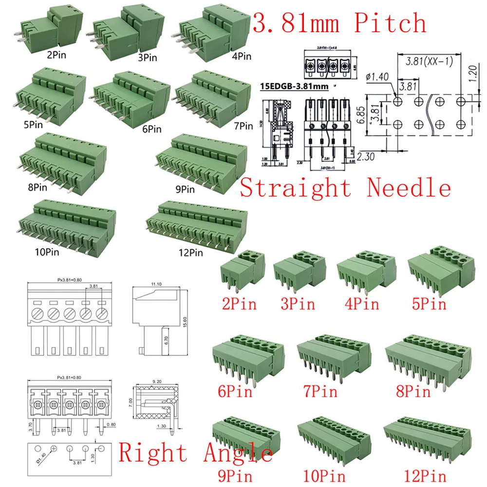 5 пар 15EDG 3,81 мм KF2EDG PCB Винтовые клеммные колодки 2/3/4/5/6/7/8/9/10/12Pin Штекерный разъем, штыревой разъем, соединитель провода