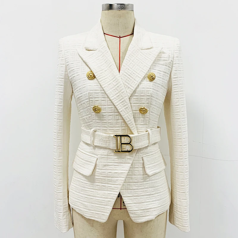 HIGH STREET Newest 2022 Designer Jacket Women's Double Breasted Lion Buttons Monogram Jacquard Belted Blazer