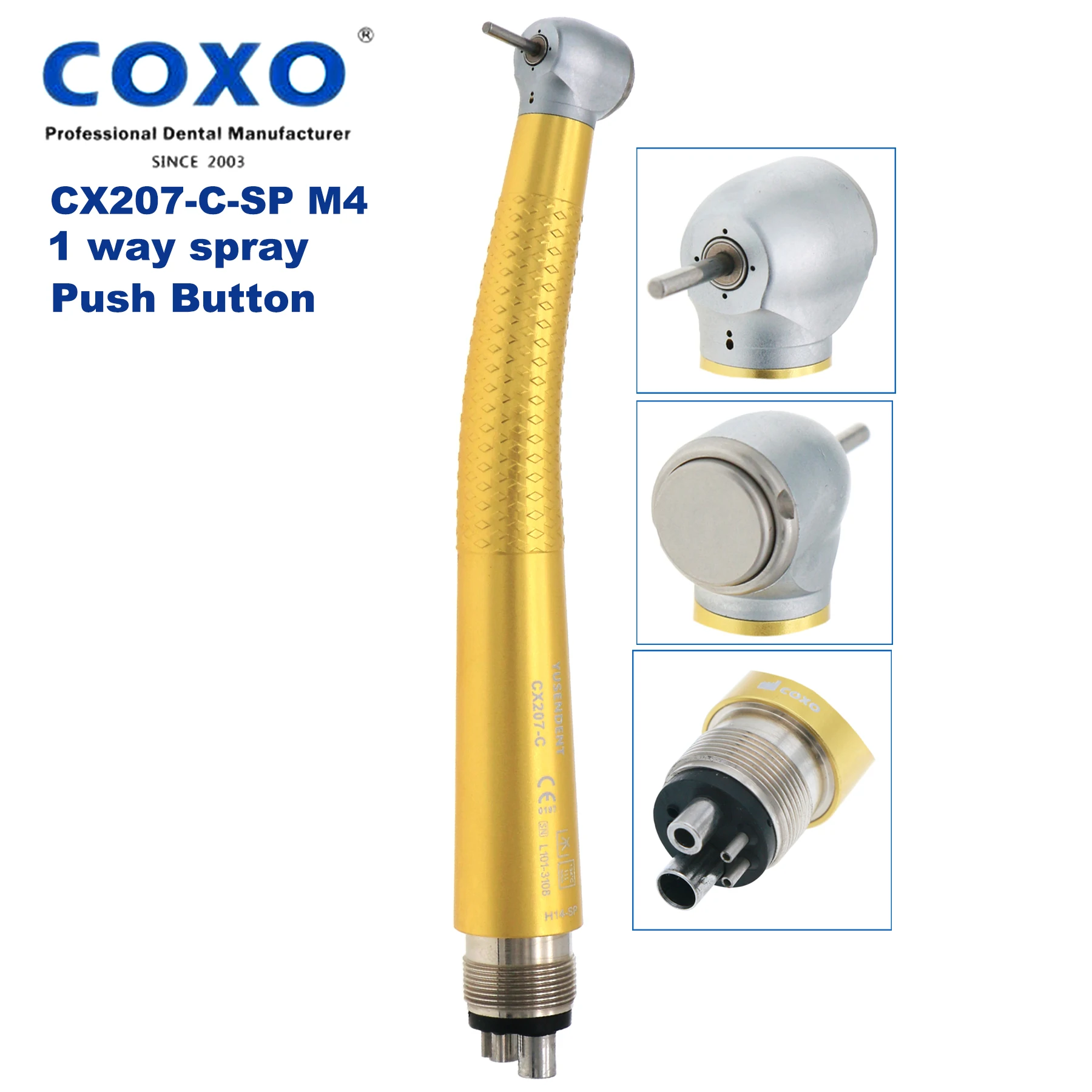 

NSK PANA MAX Type COXO YUSENDENT Dental Push Button Turbine High Speed Standard Head Yellow Color Handpiece M4 4Holes CX207-C-SP