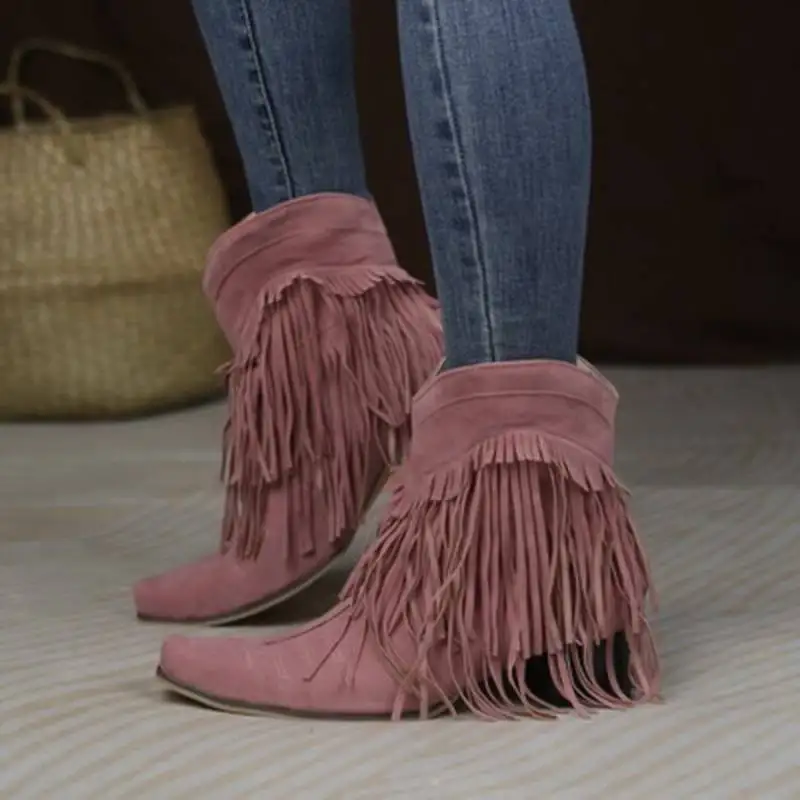 

Girseaby 2022 Western Boots Mid-Calf 14cm Square Toe Mid Heel 4cm Flock Suede Tassels Large Size 34-46 Ethnic Style Solid S4240