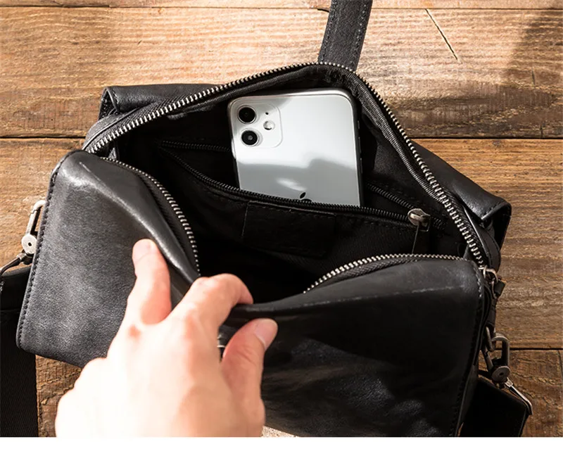 Business casual designer luxury genuine leather men's messenger bag simple real cowhide youth work black large shoulder bag