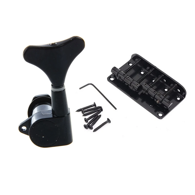 

4Pcs Black String Tuning Pegs Machine Heads & 1 Set 4 String Vintage Style Bass Hardtail Bridge For Jazz Bass