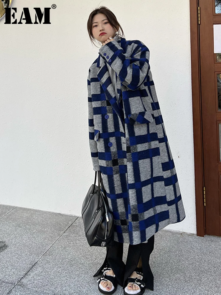 

[EAM] свободное синее клетчатое длинное шерстяное пальто большого размера, парки, Новая женская модная одежда с длинным рукавом, Осень-зима 2022...