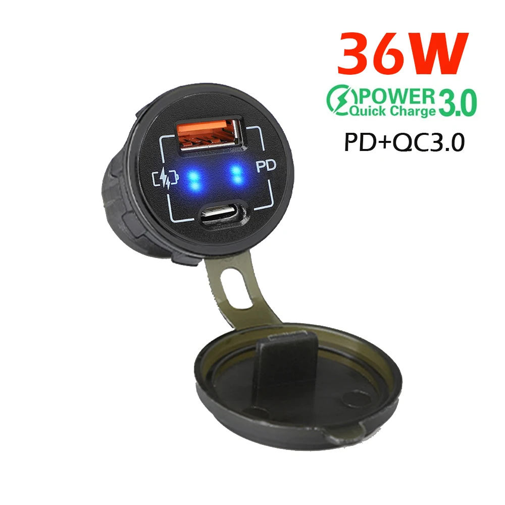 

Быстрое зарядное устройство для автомобиля, 36 Вт, два порта QC 3,0, разъем USB и PD Type-C, 12-24 В со стандартной водонепроницаемостью для автомобиля, л...
