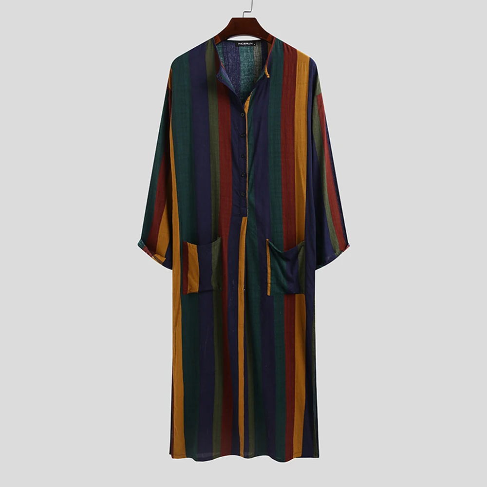 Men Islamic Arab Muslim Robe O-neck Long Sleeve Pockets Vintage Stripes Robes Middle East Jubba Thobe Loungwear S-5XL