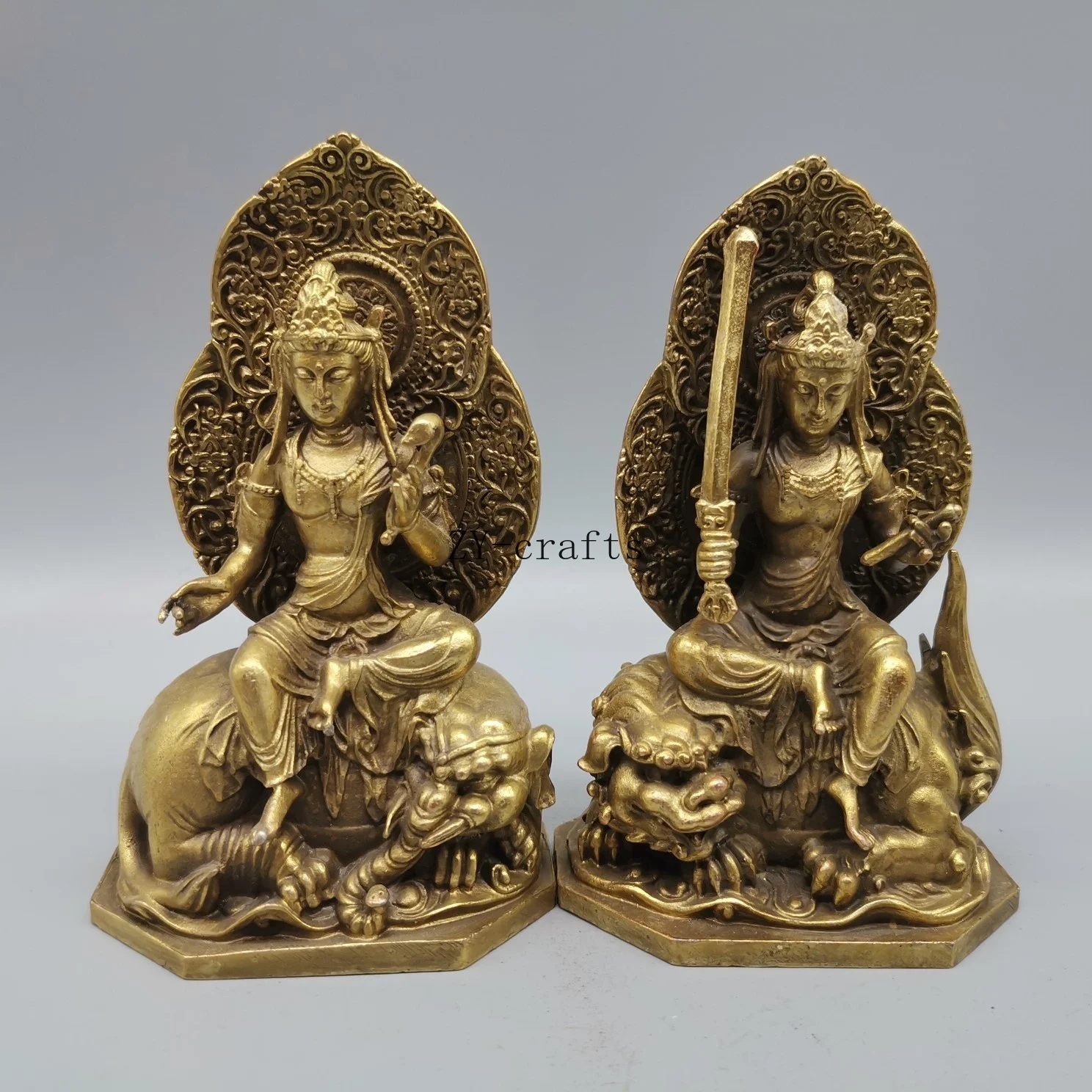 

China copper Brass Samantabhadra bodhisattva and Manjusri bodhisattva small crafts statue A set