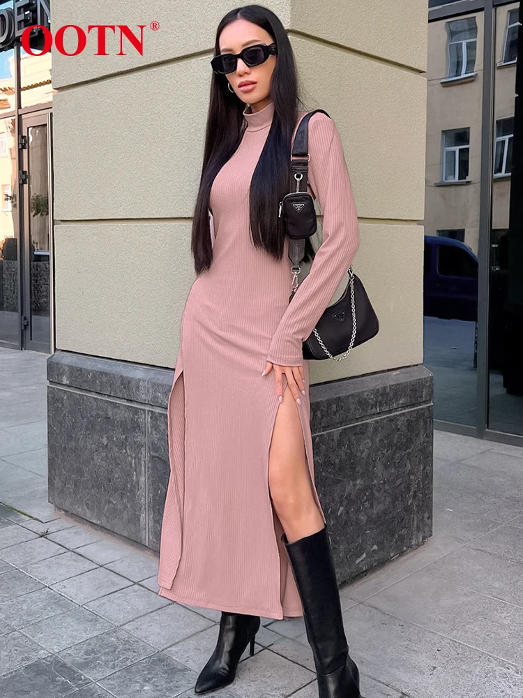 

Женское облегающее платье с высоким воротом OOTN, элегантное осеннее платье с длинным рукавом и разрезом, 2023