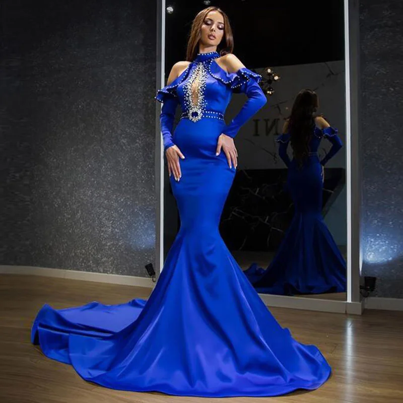 

Blue Slim Luxury Sequins Dubai Party Dresses Women High Neck Long Sleeve Ruffles Evening Dress With Train Sexy Maxi Prom Dresses