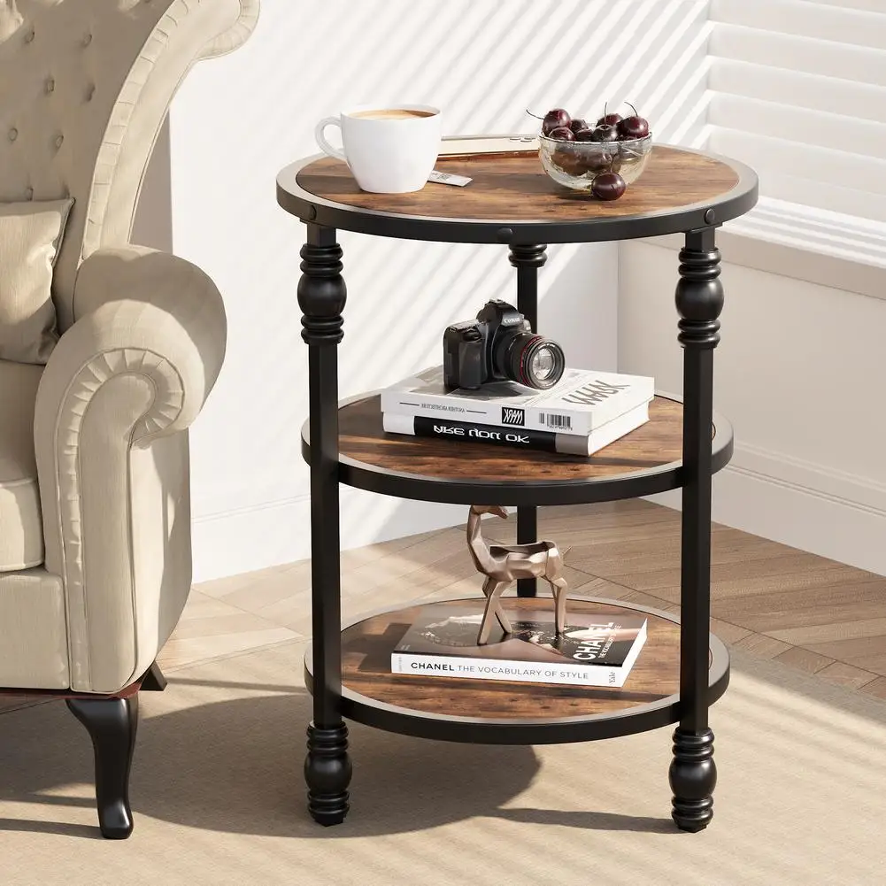 

End Table 3-Tier Round Side Table with Storage Shelf and Metal Industrial Wood Bed Side Table for Bedroom Small Spaces