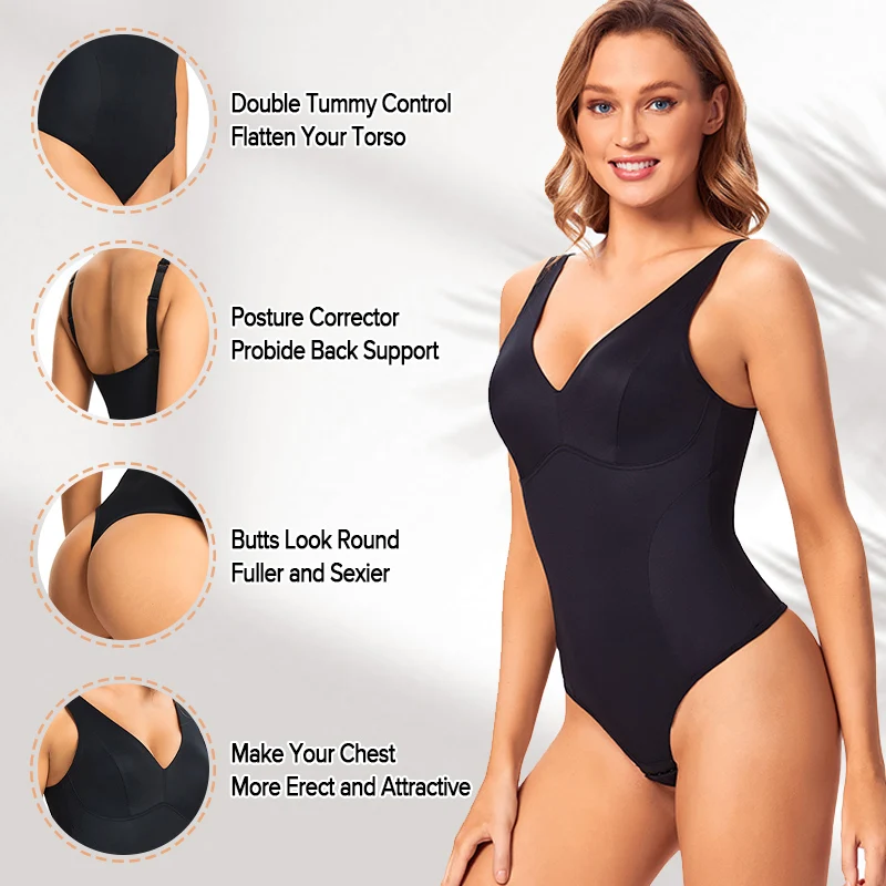 Women Sexy Thong Bodysuit Built in Bra Push Up Chest Smooth V Neck Body Shaper Tummy Control Slimming Backless Padded Shapewear