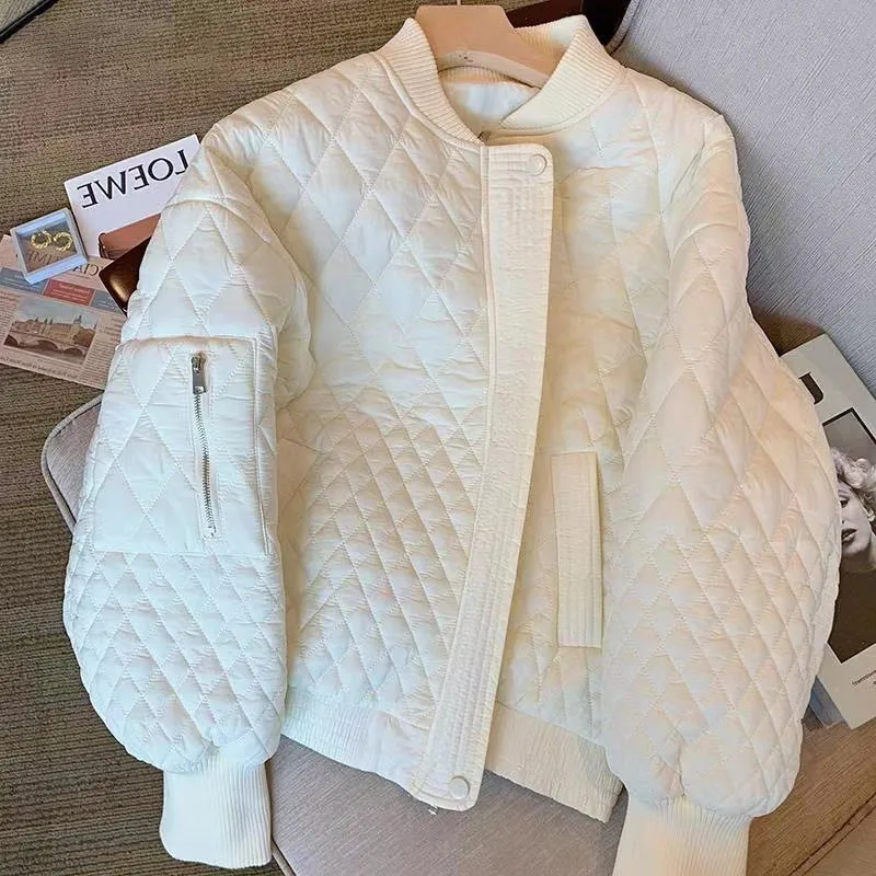 White Rhomb Cotton-Padded Padded Women Spring and Autumn 2022 New Niche Temperament All Go with Loose and Thick Baseball Jacket