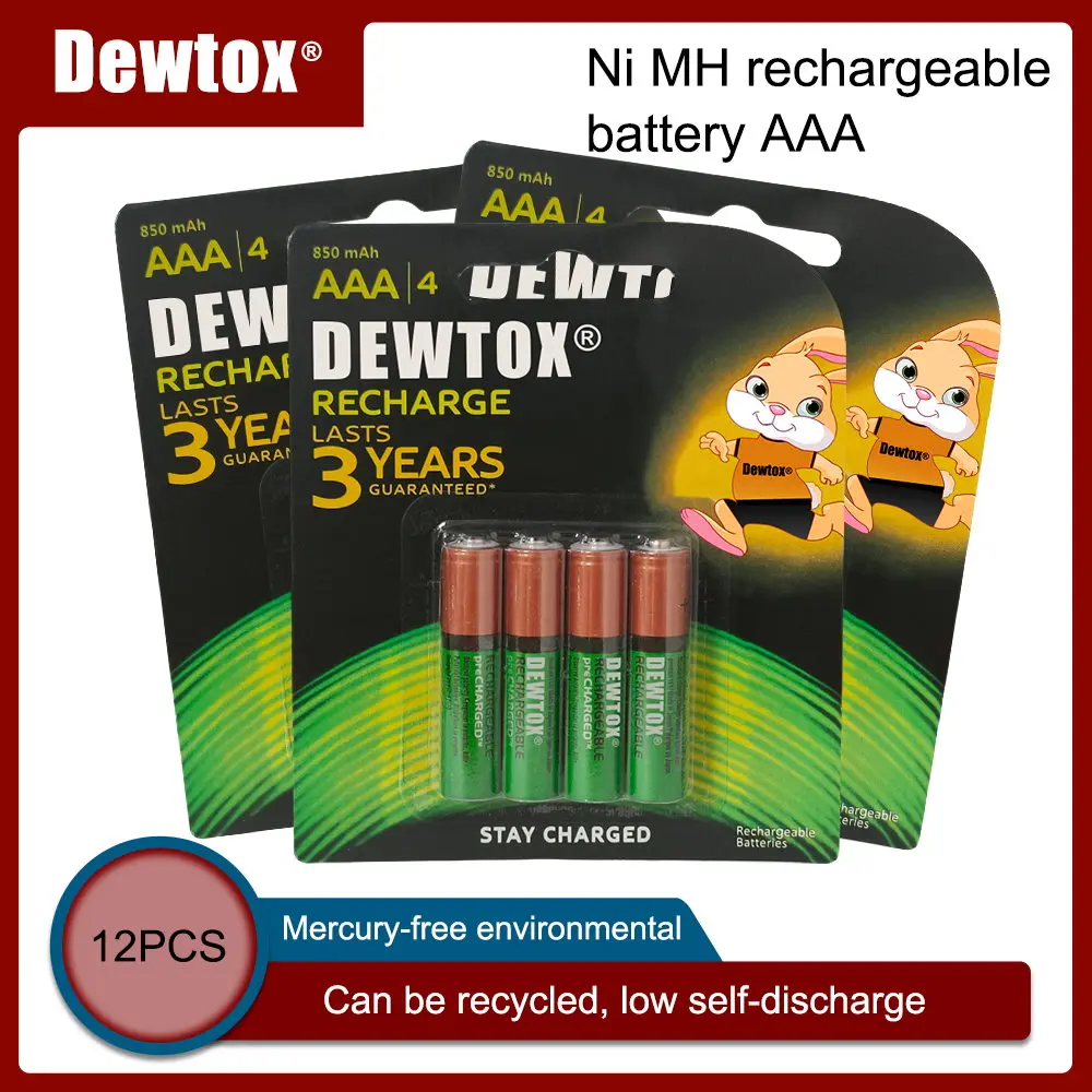 

12 шт., оригинальные аккумуляторные батареи высокой емкости DEWTOX AAA 1,2 в 850 мАч