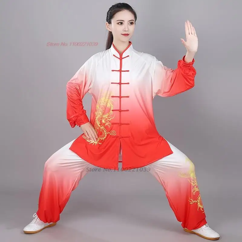 Фото 2026 китайская винтажная одежда для кунг-фу, тай-чи, боевые искусства, тайцзицюань, ушу, униформа, градиент цвета, топ с принтом дракона + брюки, комплект №3