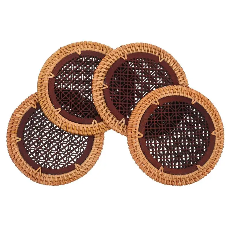 

4pcs Hand-woven Rattan Coasters Heat Resistant Cup Coasters Weaving Cup Cushions