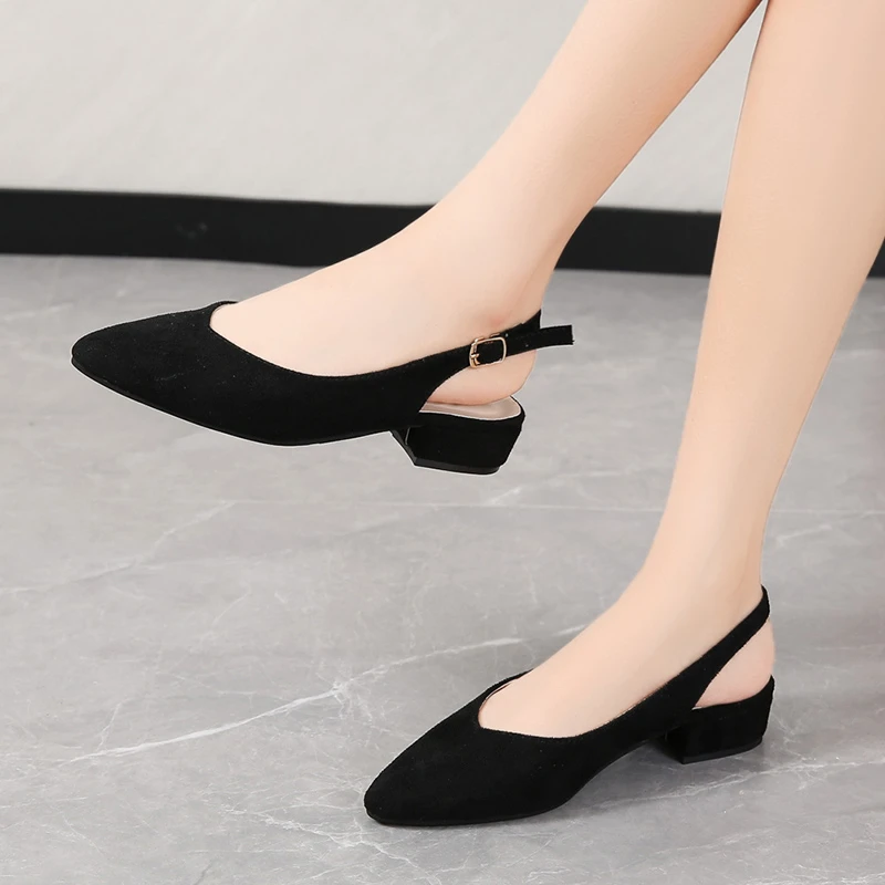 

Women Pumps Shoes Fashion Elegant Low Thick Heels Pointed Toe Kid Suede Sexy Buckle Strap Black Footwear Shoe
