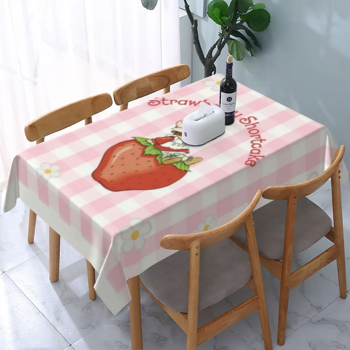 

Rectangular Waterproof Oil-Proof Strawberry Shortcake Plaid Tablecloth Backed Elastic Edge Table Cover Fruit Pattern Table Cloth