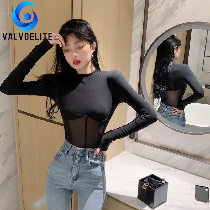 

2022 Spring Autumn New Woman Long-sleeved T-shirt Design Sense Niche Mesh Stitching Bottoming Shirt with Round Neck Black Top