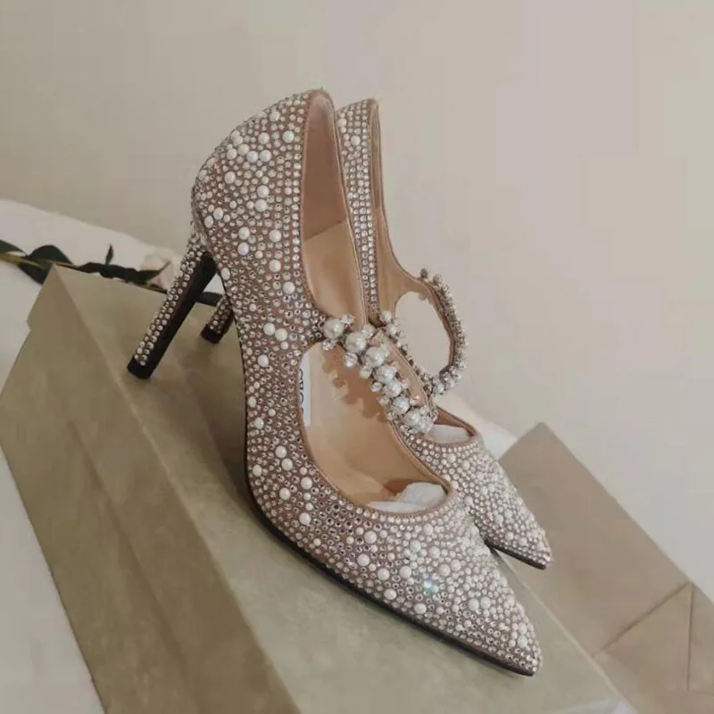 New Rhinestone 1CM/7CM/9CM High Heels Mary Jane Luxury Pumps Pointed Toe Woman Crystal Wedding Shoes Big Size 33~41
