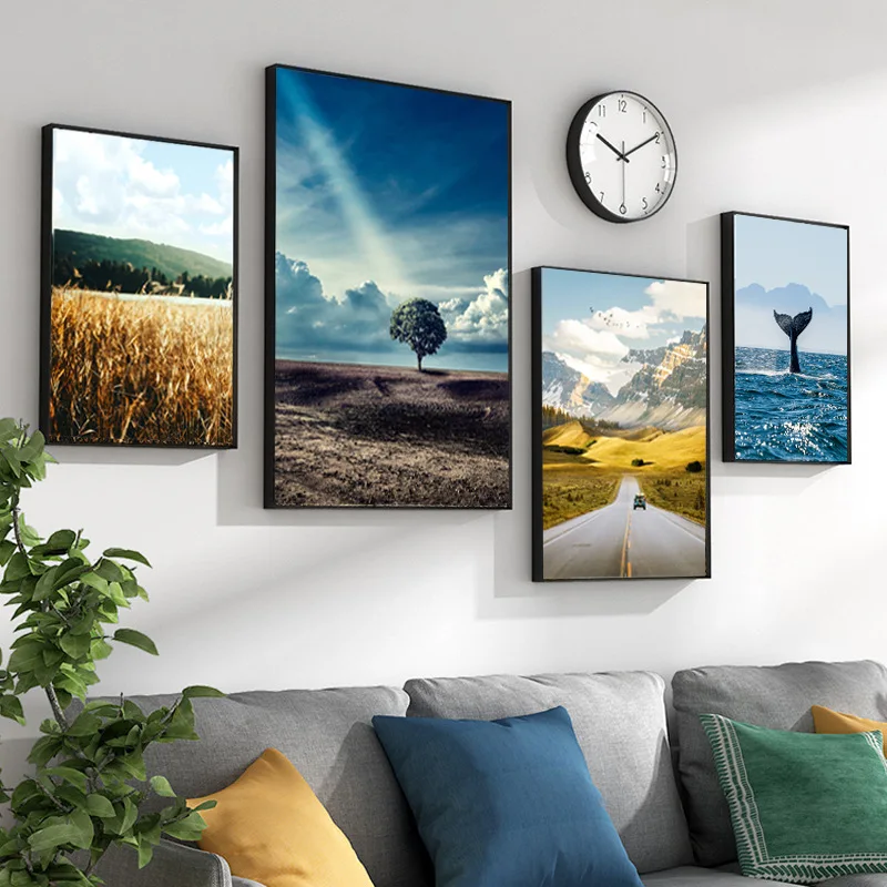 

Nordic Mountains Landscape Painting Blue Whale Waves Island Poster Grassland Scenery Picture Living Room Sofa Wall Study Decor