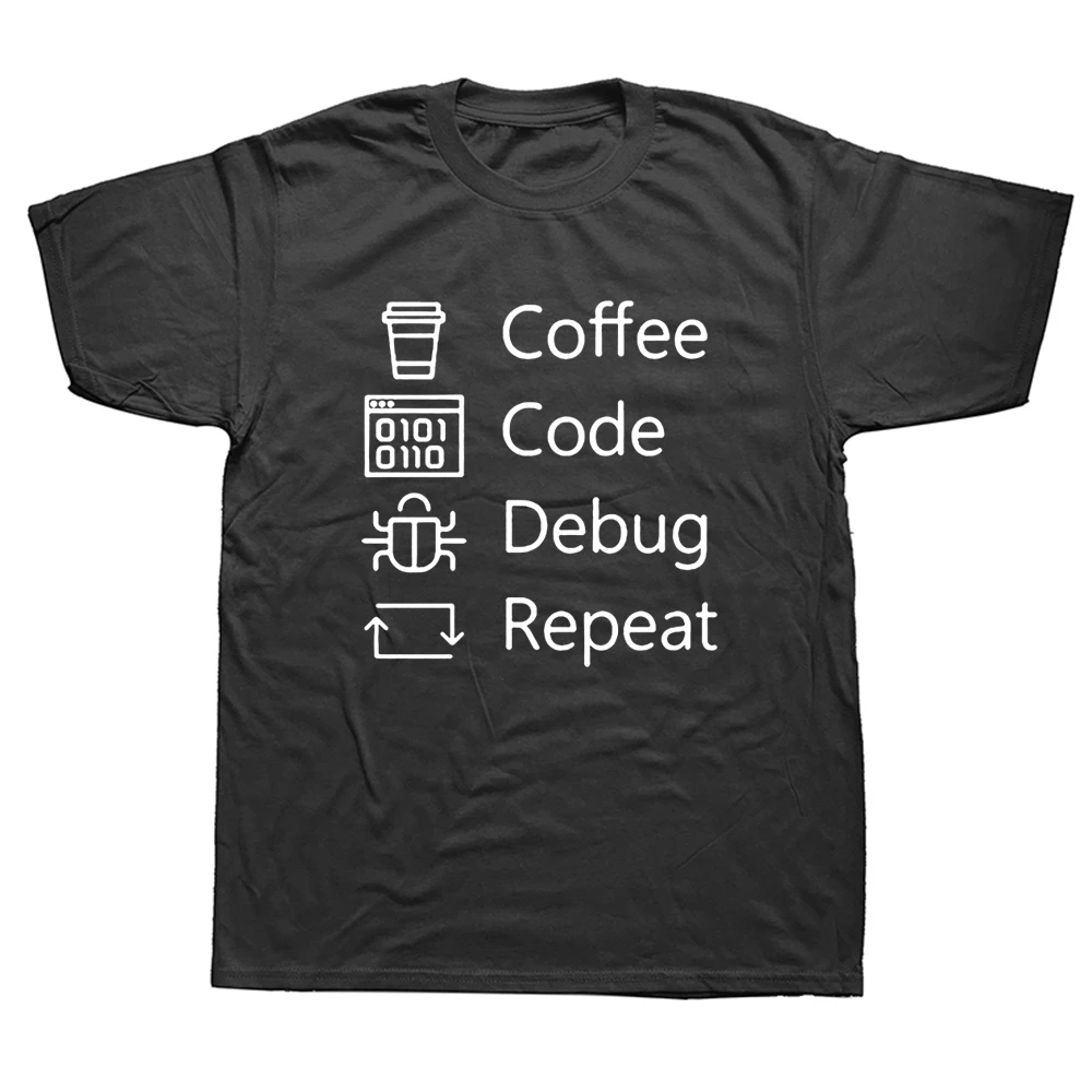 

Coffee Code Debugging Repeat T Shirts Men Cotton Short Sleeve Tops Tee Bug Coding Computer Programmer Geek T-shirt Mens Clothes