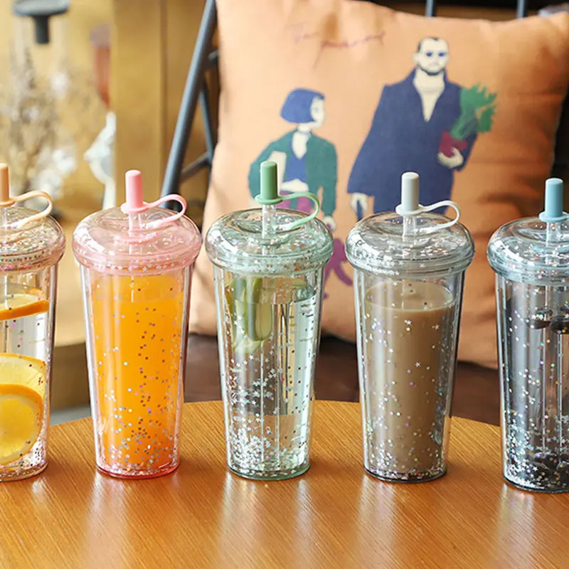 

INS Double Layer Straw Cup, Donut, Star Sequins, Net Red Couple Juice Cup, Insulated Plastic