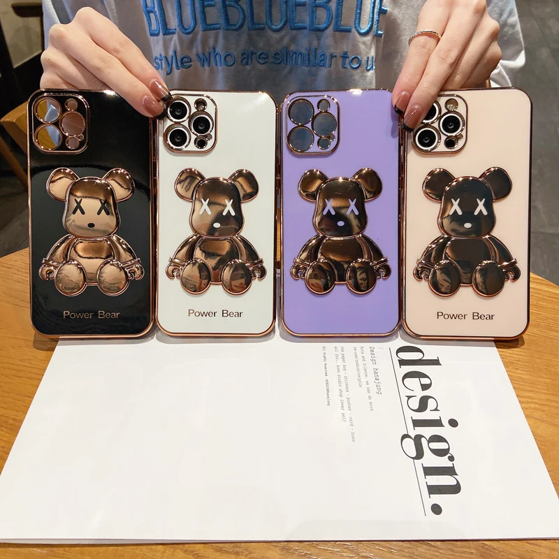 

3D Violent Bear Electroplating Phone Shell For iPhone 7 8 Plus X XS XR 13 11 12 Pro Max Shock Soft Case Resistant Camera Protect