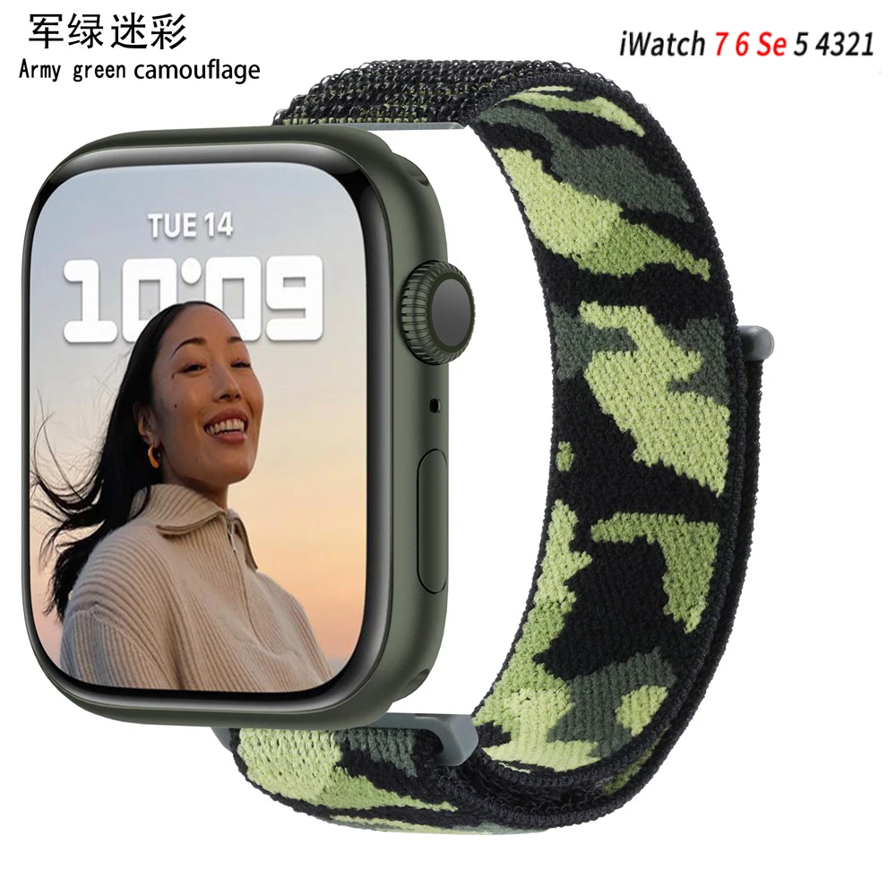 

Ремешок Камуфляжный нейлоновый для Apple Watch, браслет Леопардовый для соло 38 40 41 мм 42 44 45 мм, регулируемый браслет для Iwatch Series 7 6 5 4 3 2