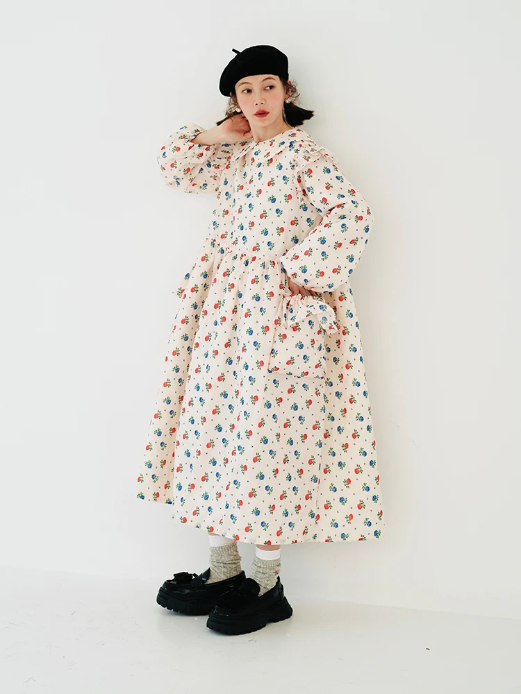 

Imakokoni's original design of warm floral cotton dress in autumn and winter long sleeved lapel sweet casual dress for women